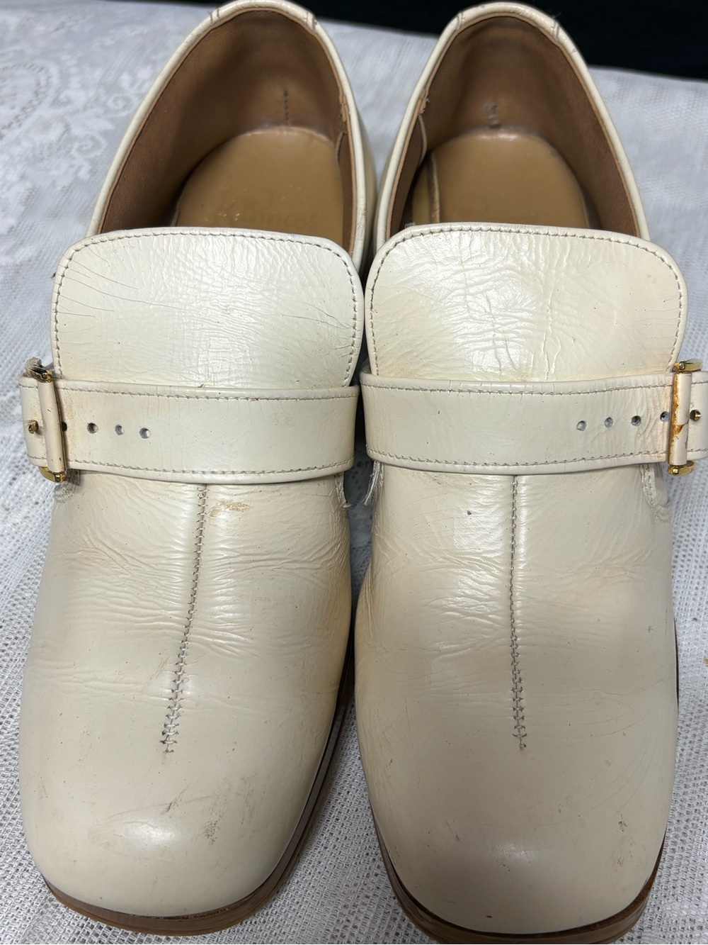 Vtg 70s white leather Heeled loafers chunky block heel Kinney women 8.5 shoes